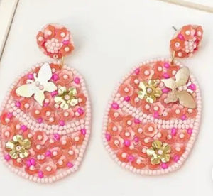 Easter Egg Seed Bead Statement Earrings - Pink