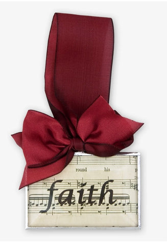 Faith Beveled Glass Ornament with Red Ribbon