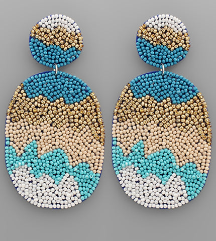 Beaded Oval ZigZag Earrings-Turquoise/Gold
