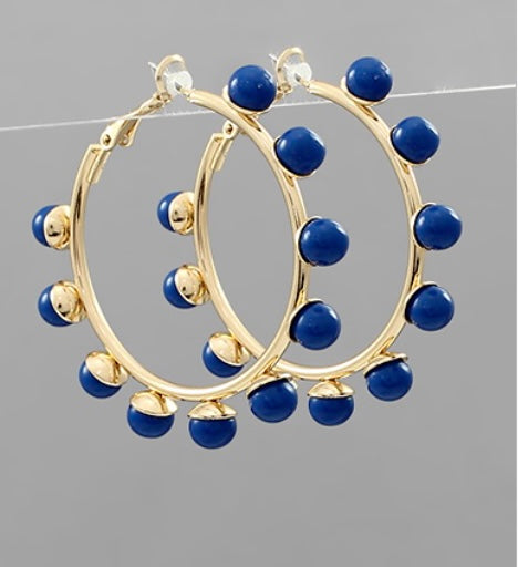 Gold and Blue Bead Hoop Earrings