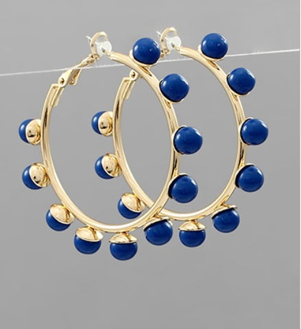Gold and Blue Bead Hoop Earrings