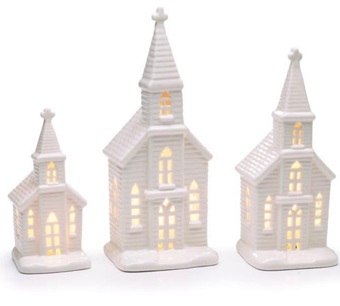 White Lighted Ceramic Church (9 1/2”)