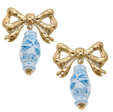 Blue and White Porcelain and Gold Bow Earrings