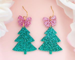Pink Bow Christmas Tree Earrings