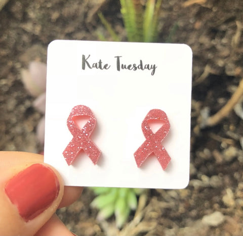 Pink Glitter Breast Cancer Awareness Ribbon Stud Earrings