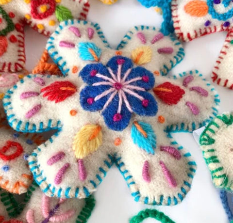 Snowflake Ornament, Multicolor Embroidered Wool