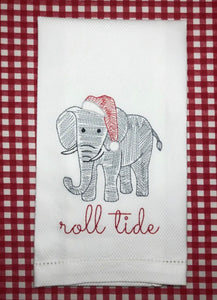 Embroidered Roll Tide Elephant with Santa Hat Kitchen Towel