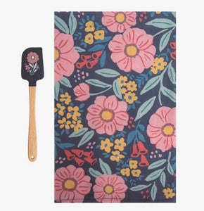 Navy Floral Kitchen Towel and Spatula Set