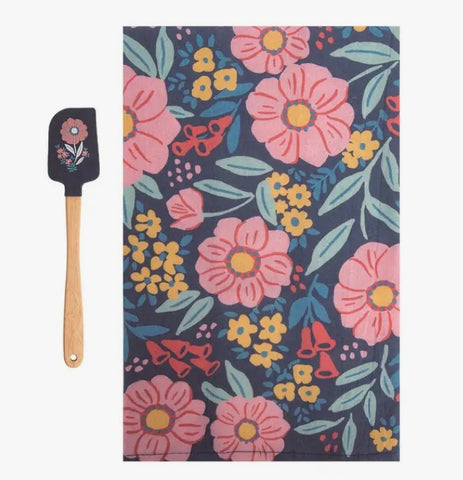 Navy Floral Kitchen Towel and Spatula Set