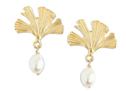 Susan Shaw Gold Ginkgo Leaf and Freshwater Pearl Earrings