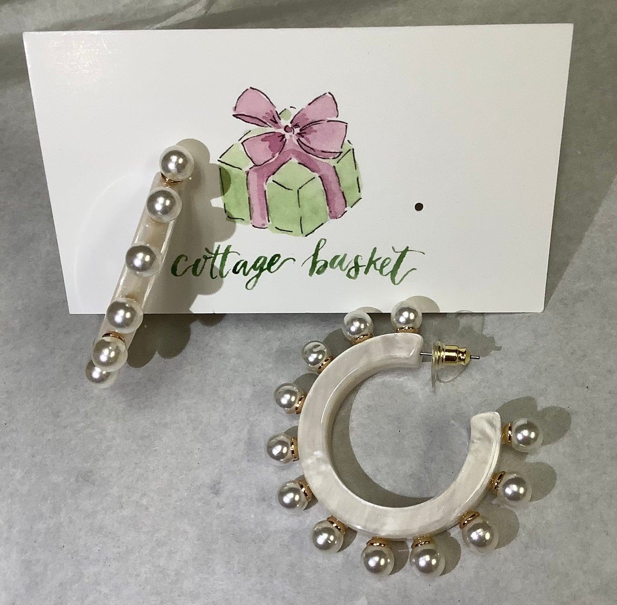 White Swirl and Pearl Hoop Earrings (large)