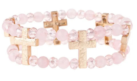 Cross Two Row Beaded Bracelet-Pink