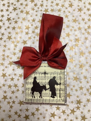 Mary and Joseph on Donkey Beveled Glass Ornament with Red Ribbon