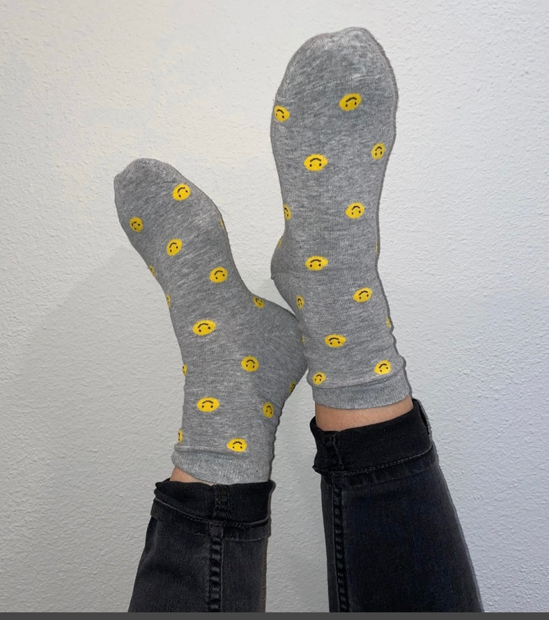 Ladies Gray with Yellow Smiley Face Socks