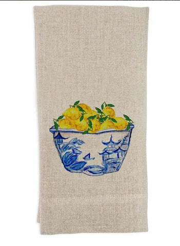 Chinoiserie Bowl with Lemons Natural Linen Tea Towel