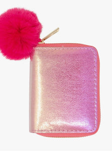 Bright Pink Shimmery Wallet with Pom-Pom