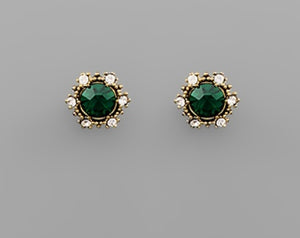 Emerald Crystal Flower Stud Earrings