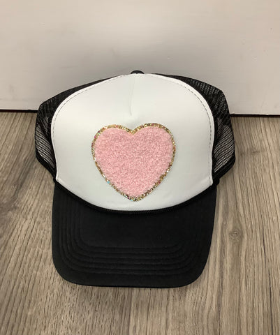 Black/White Trucker Hat with Pink Chenille Heart