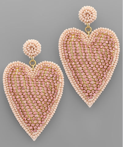 Blush Pink Rhinestone/Beaded Heart Earrings