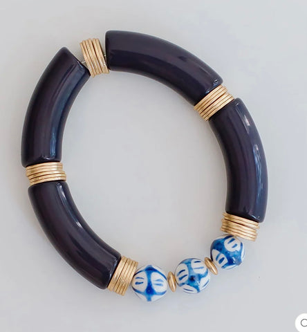 Navy Michelle McDowell Bead/Chinoiserie Stretch Bracelet