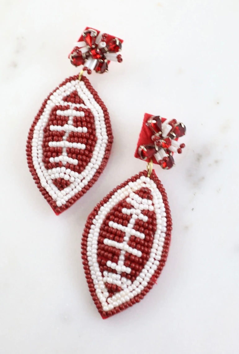 Burgundy Beaded Football Earring