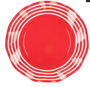 8” Red with While Stripes Wavy Paper Salad Plates (Pack of 8)