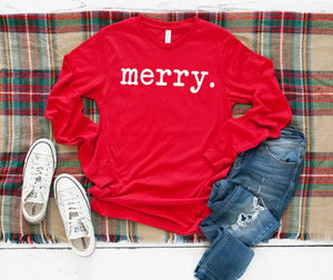 “merry.” Typewriter Print Red Long Sleeve T- Shirt -X-Large