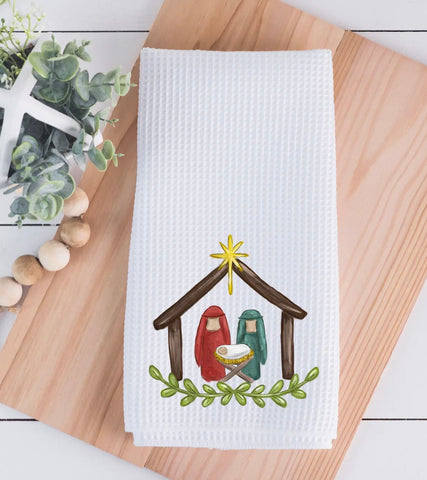 Whimsical Nativity Waffle Weave Kitchen Towel