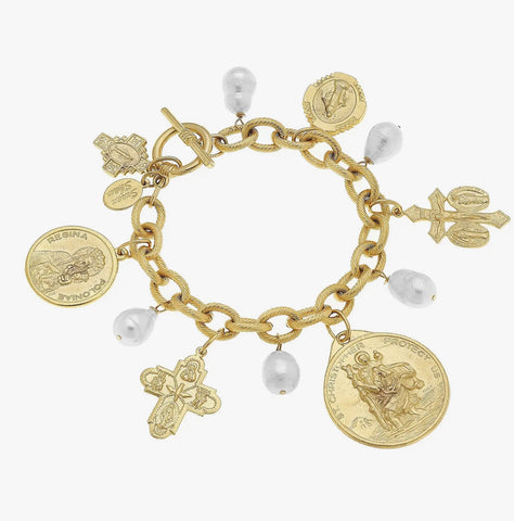 Susan Shaw Gold Saints Charm Bracelet with Pearls (2882w)
