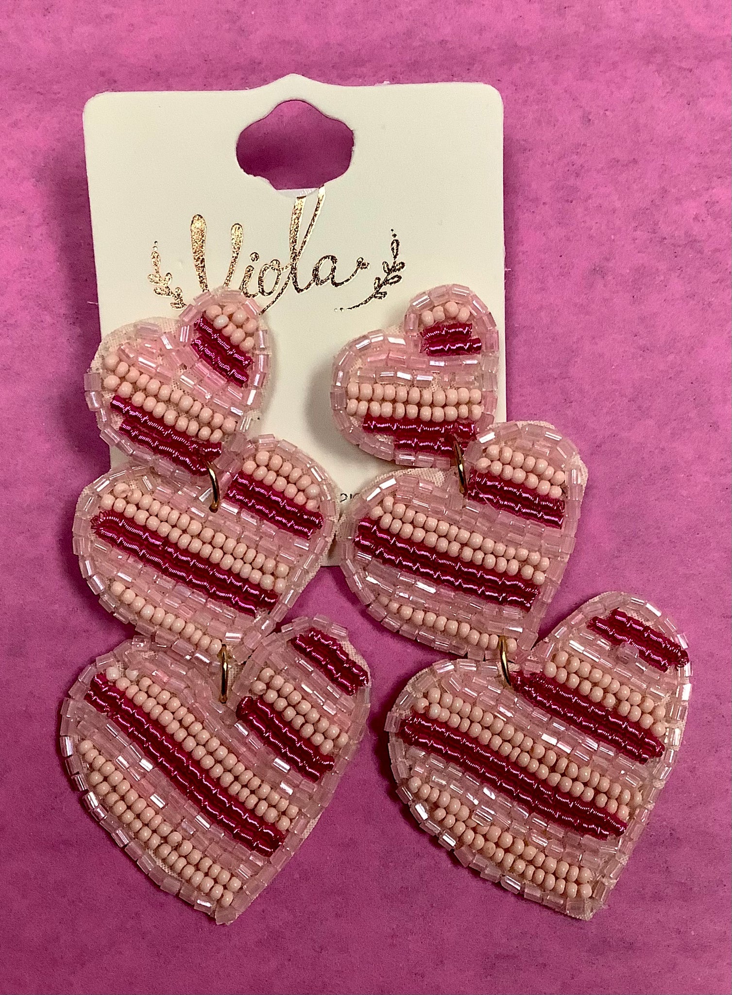Trio Pink Striped Beaded Heart Earrings