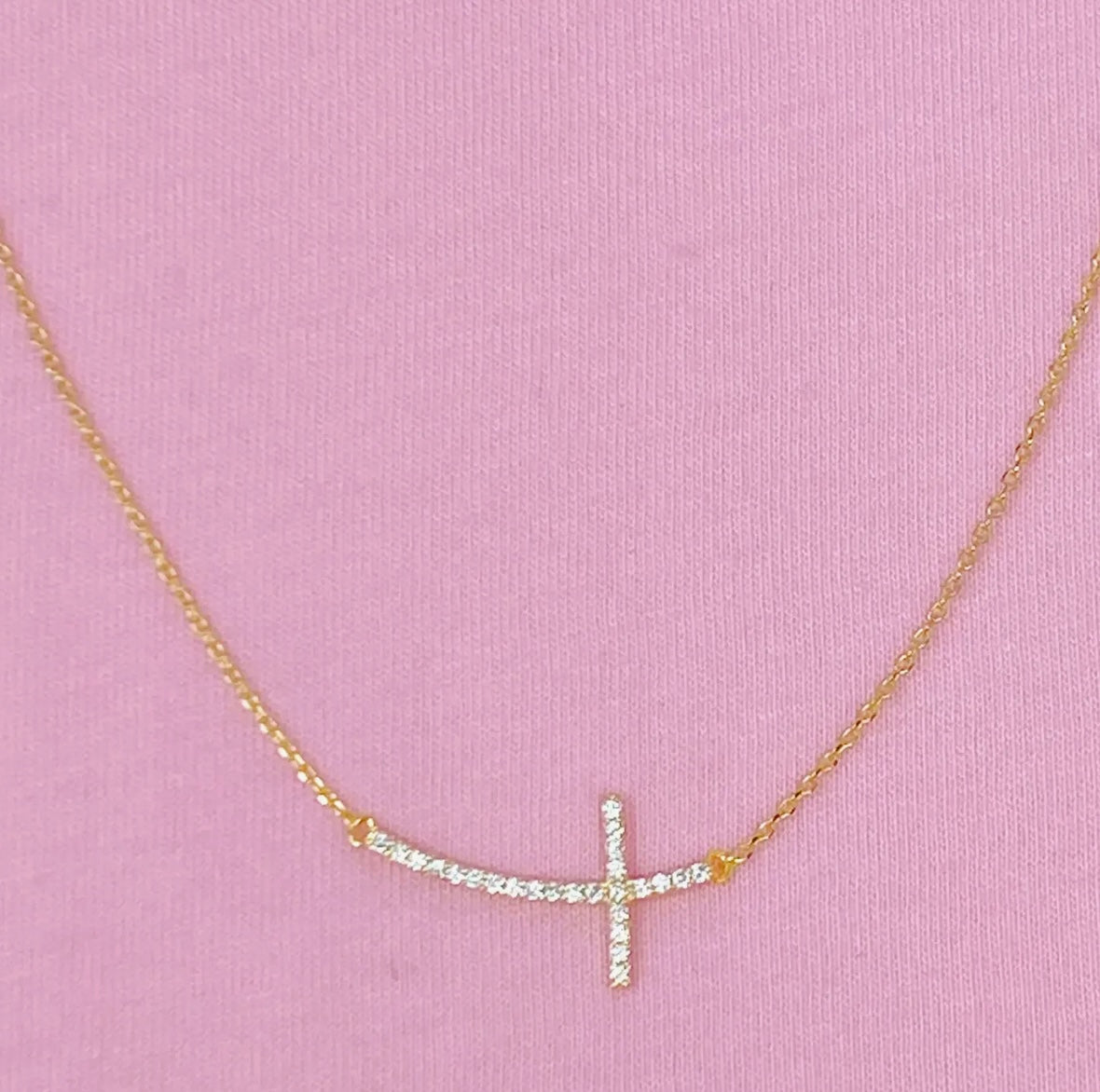 Crystal Curved Sideways Cross on Gold Chain