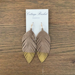Taupe gold dipped feather earrings