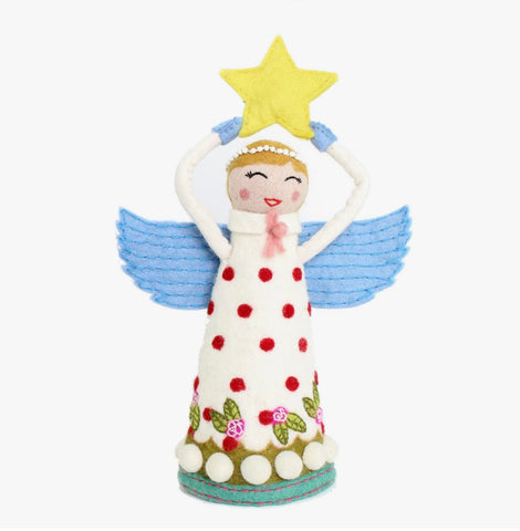White/Red Polka Dot Felted Wool Angel with Star Tree Topper