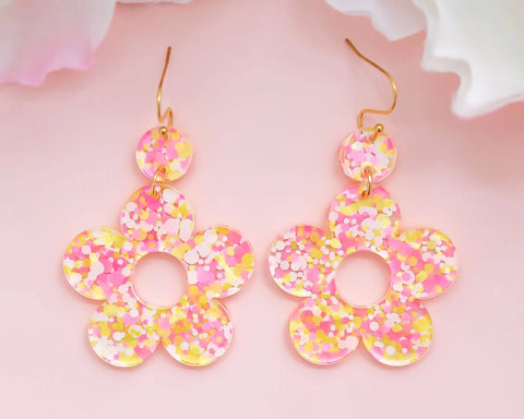 Neon Pink Acrylic Flower Earrings