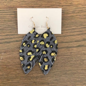 Gray and gold leopard feather earrings