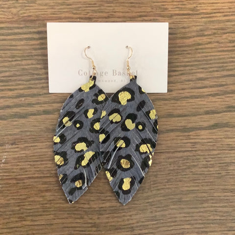 Gray and gold leopard feather earrings