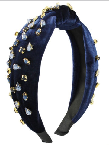 Jeweled Velvet Knotted Headband Navy/Blue