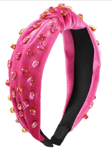 Jeweled Velvet Knotted Headband Hot Pink/Pink