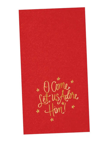 Red Dinner Napkins with O Come Let Us Adore Him Gold Lettering