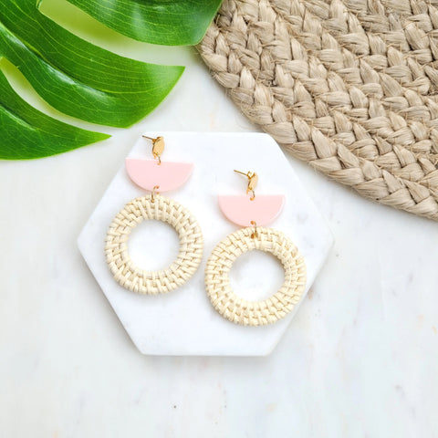 Pink Acrylic and Woven Circle Earrings