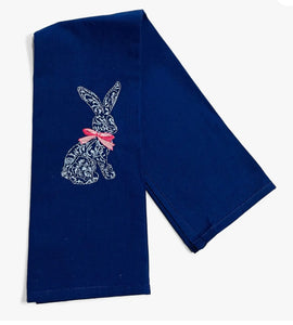 Blue Tea Towel with Embroidered Blue Chinoiserie Bunny