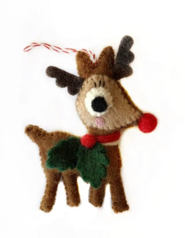 Reindeer with Holly Ornament, Felt Wool