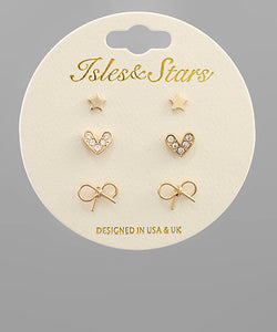 Gold Bow and Heart Earrings Set