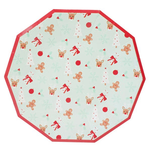 9” Mint and Red Octagon Christmas Motif Plates  (Pack of 8)