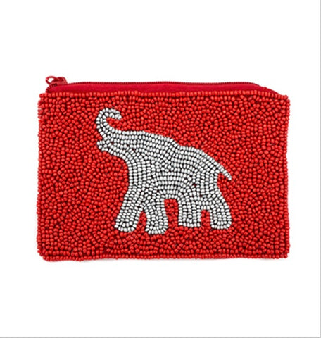Red Beaded Pouch with Gray Elephant