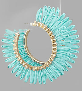 Raffia Fan Hoop Earrings-Turquoise