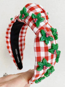Red Gingham with Holly Knotted Headband