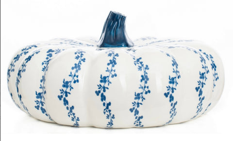 X-Large Blue and White Porcelain Flat Chinoiserie Pimpkin