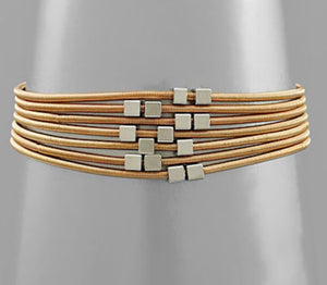 Gold Guitar String with Silver Cube Beads Bracelet Set