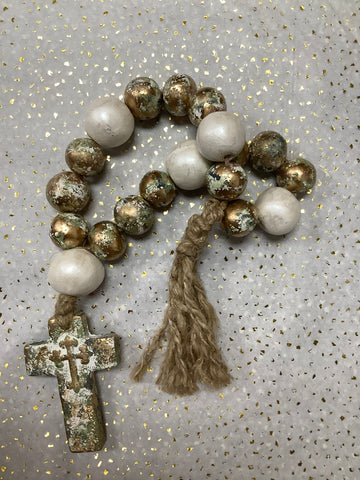 Cream/Sage Green/Gold Clay Blessing Beads with Cross